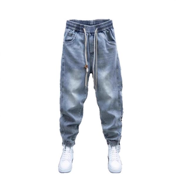Men's Trendy Washed Distressed Harem Jeans Loose Fit Drawstring Cuffs Low Waist Casual Blue Jeans Spring Autumn Style_mkmklike.com