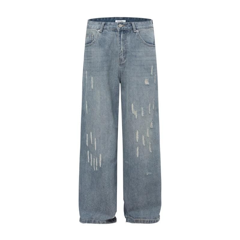 Vintage Washed Distressed Denim Jeans For Men & Women – Relaxed Fit Straight Leg Wide Trousers With Comfortable Stretch_mkmklike.com