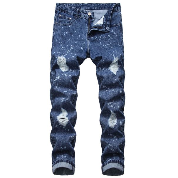 Men's Straight Slim Fit Ripped Jeans Midweight Polyester Denim White Point Non-Elastic Cropped Skinny Pants_mkmklike.com