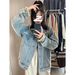 Women's Blue Denim Jacket - Vintage Workwear Style With Princess Touch, Casual Long Sleeve U-Neck Coat For Spring & Autumn_mkmklike.com