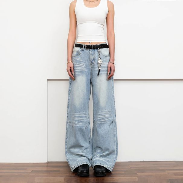 Men's Clothing Crease Cleanfit Washed Denim Vintage Washed Cleanfit Denim Jeans For Men - Retro American Style Bootcut Pants With Distressed Details_mkmklike.com