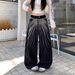 Plus Size Vintage Washed Distressed Jeans For Women - High Waist Loose Fit Wide Leg Pants With Rhinestone Embellishments_mkmklike.com