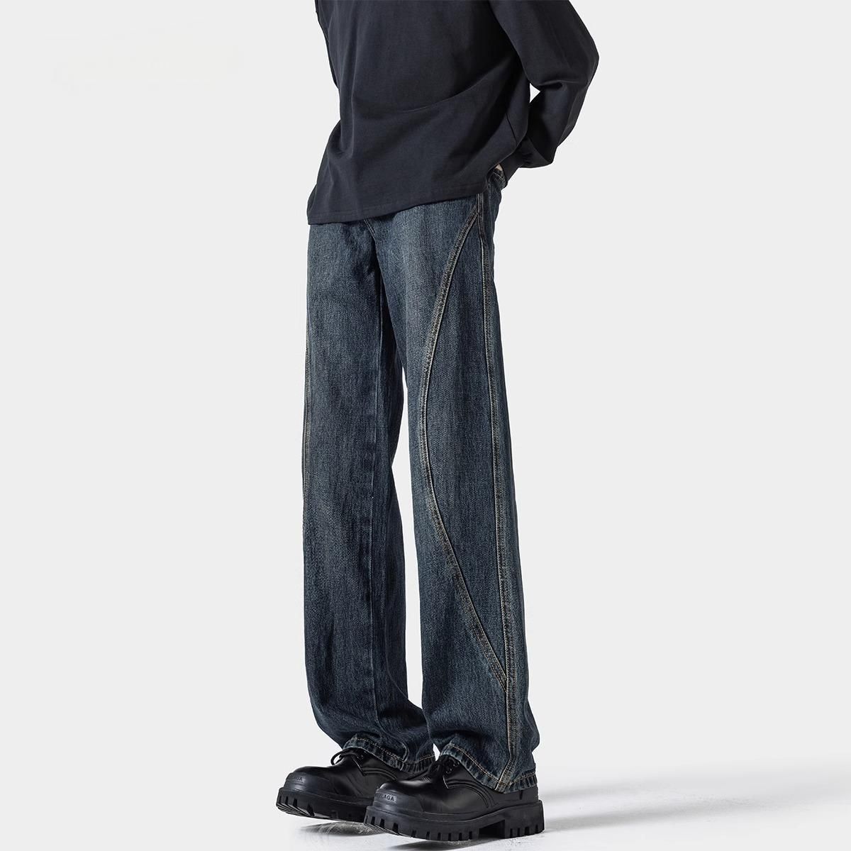 Men's Washed Vintage Denim Jeans Straight Leg Loose Fit Casual Long Pants American High Street Style Trendy Brand Cool Patchwork Design_mkmklike.com