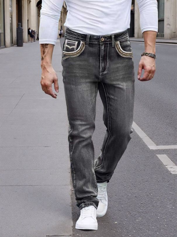 Men's Fashion Trendy Jeans Cross Border E Commerce Best Selling mid Waist Straight Pants with Special Embroidered Pocket Decorations Machine Washable Slight Stretch_mkmklike.com