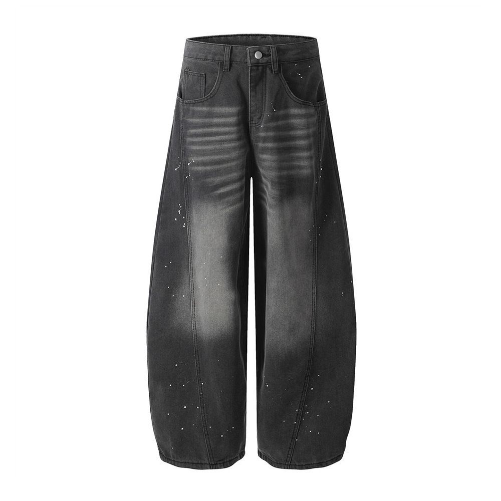 Paint Splatter Ink Wash Denim Scimitar Men's Trousers Trendy Punk Split Patchwork Design Cargo Loose Wide-Leg Pants_mkmklike.com