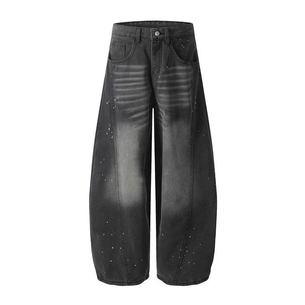 Paint Splatter Ink Wash Denim Scimitar Men's Trousers Trendy Punk Split Patchwork Design Cargo Loose Wide-Leg Pants_mkmklike.com