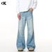 Vintage Washed Blue Straight Leg Jeans For Men & Women - Relaxed Fit Retro Denim Pants With Distressed Details_mkmklike.com