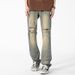 LKTM Men's Wear # American Style Distressed Yellow Mud Blue Ripped Jeans Men's High Street Trendy Brand Loose Casual Be1_mkmklike.com