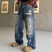 Vintage Distressed Embroidered Straight-Leg Jeans For Men – High Street Retro Loose Fit Denim Pants With Hand-Painted Details_mkmklike.com