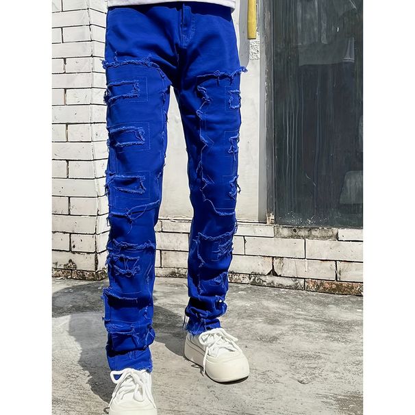 Men's Stretch Patchwork Jeans – Euro-American Slim Fit Denim Pants With Layered Design (Light Blue/Pink/Black/Khaki, Button Fly, Summer Casual)_mkmklike.com