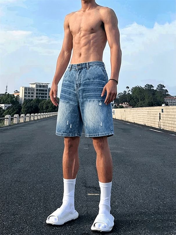 Men's Lightning Pattern Washed Distressed Denim Shorts Summer Thin Straight Leg Five Point Pants Trendy American Brand Vibe Cool And Stylish_mkmklike.com