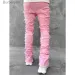 Men's Skinny Fringe Hip-hop R Edge Elastic Patch Punk Rock Long Tight Fit Stacked Jeans Denim Pants Blue Pink_mkmklike.com