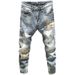 Men's Trendy Patchwork Denim Jeans Korean Style Slim Fit Stretchy Skinny Jeans Mid Waist Long Straight Pants_mkmklike.com