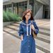 ELLE New Autumn Sleeve Denim For Women, French Style, Waist-Cinching, Slimming, Over-the-Knee Long Shirt Dress_mkmklike.com
