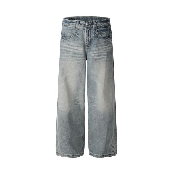 Punk Washed Gradient Water Ripple Jeans Men's Loose Wide Leg Long Vibe Street Fashion Distressed Straight Pants_mkmklike.com
