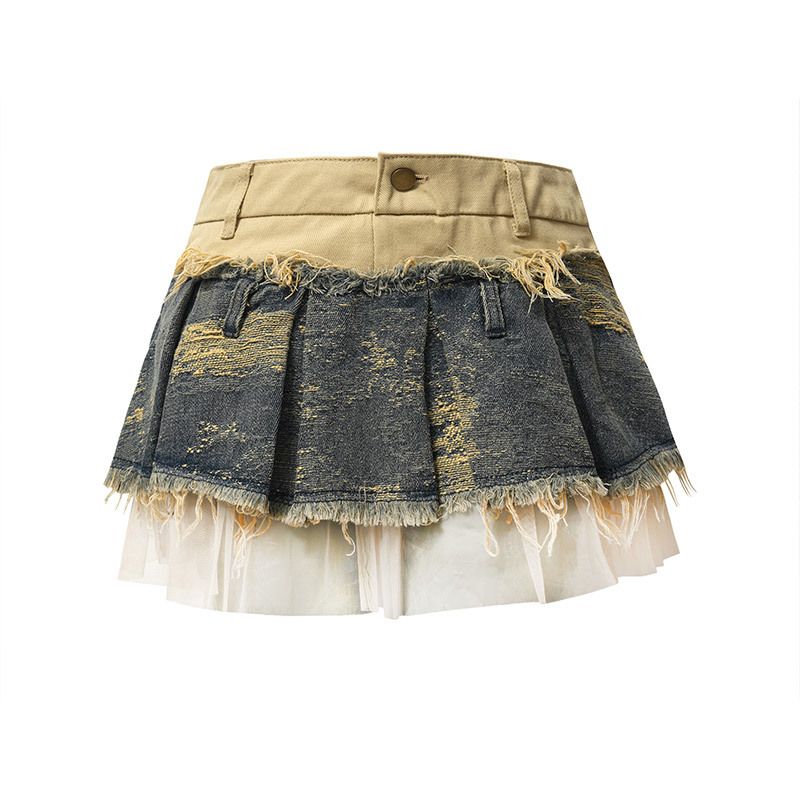 Retro Patchwork Denim Skirt High Waist Vintage Short Skirt Lace Edge Washed Old Skirt Vintage Short Skirt_mkmklike.com