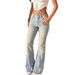 Light Blue Distressed Butterfly Rhinestone Flared Jeans High Waist Full Rhinestone Slimming Floor Length Women's Denim Pants_mkmklike.com