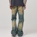 Vintage Yellow Mud-Dyed Ripped Jeans For Men American High Street Fashion Loose Straight-Leg Draped Dad Long Pants_mkmklike.com