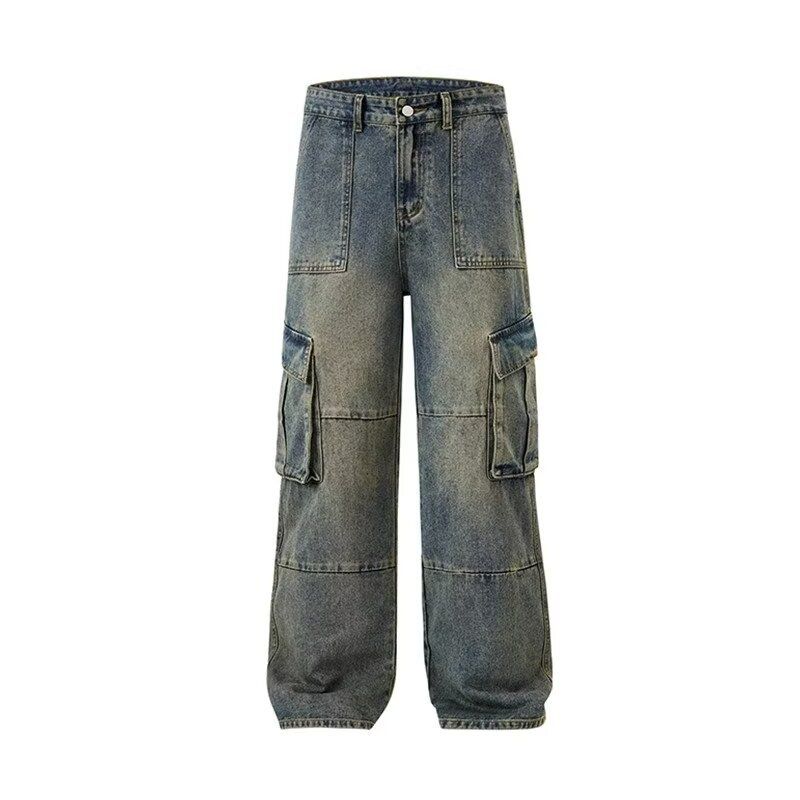 FUIV American High Street Washed Workwear Jeans, Men's And Women's Multi Pocket Loose Straight Leg Casual Pants_mkmklike.com