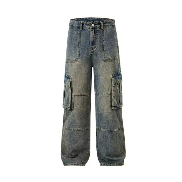 FUIV American High Street Washed Workwear Jeans, Men's And Women's Multi Pocket Loose Straight Leg Casual Pants_mkmklike.com