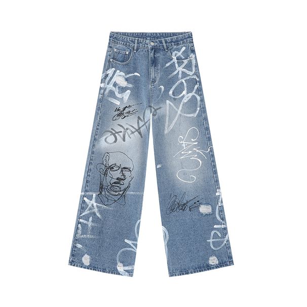 Men's Clothing | 2025 Summer New Products American Street Graffiti Fun Straight Leg Mopping Jeans Trend_mkmklike.com