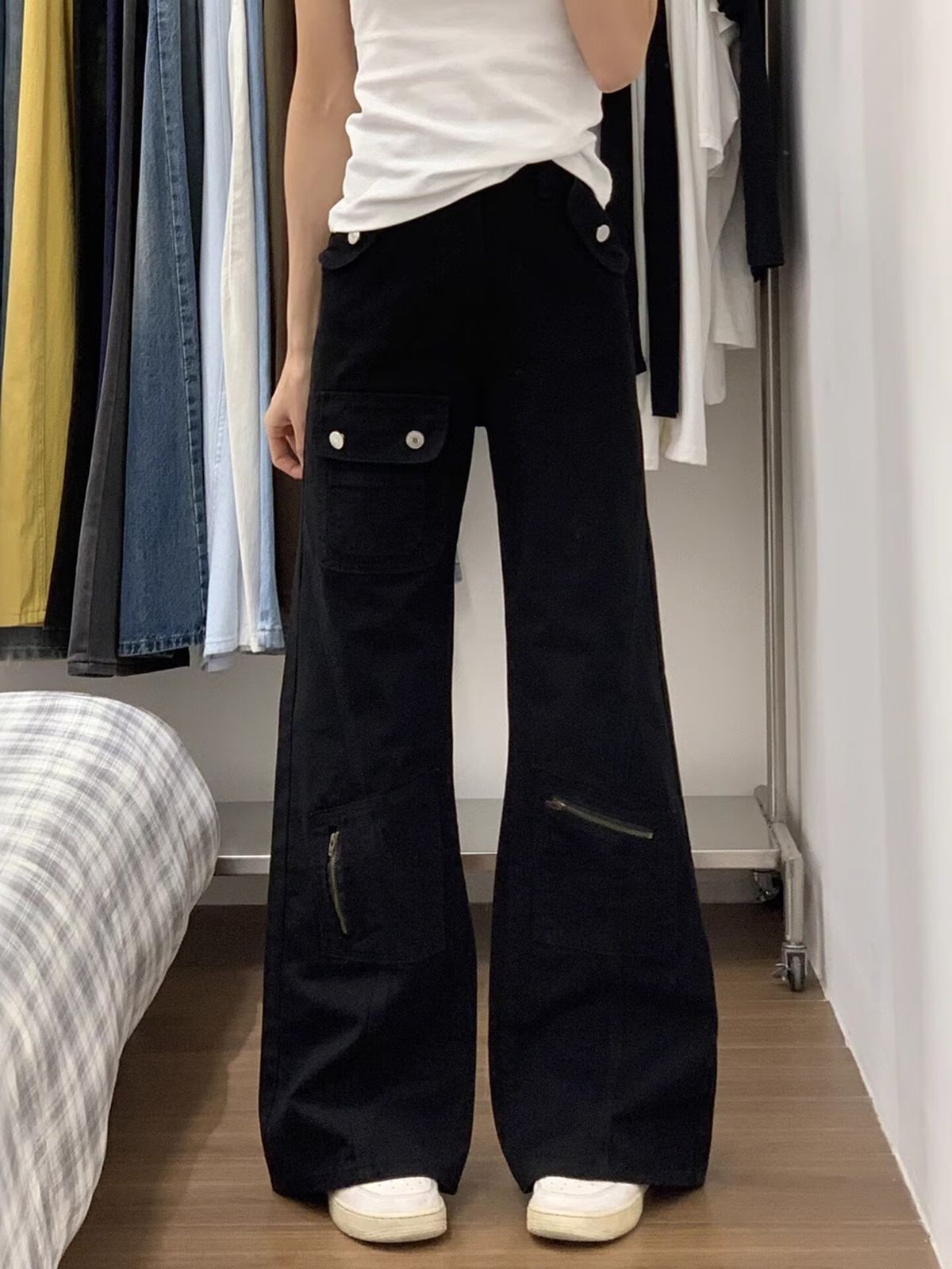 Black Flared Workwear Jeans For Men And Women, New Design, Loose Fit, High-waisted Bell-bottom Pants_mkmklike.com