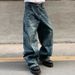 Men's American Style Deconstructed Washed Denim Jeans Loose Fit Straight Leg Distressed Heavyweight Wide Leg_mkmklike.com
