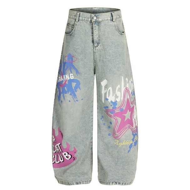 Graffiti Scimitar Jeans Loose Men's High Street Trend Punk Washed Vintage Design Personality Wide-Leg Pants_mkmklike.com