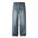 Men's Washed Blue Straight Leg Jeans High Street Style Trendy Versatile Casual Long Pants Wide Leg_mkmklike.com