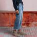 Women's Loose Straight Leg Cropped Jeans With Frayed Edges And Ripped Details_mkmklike.com