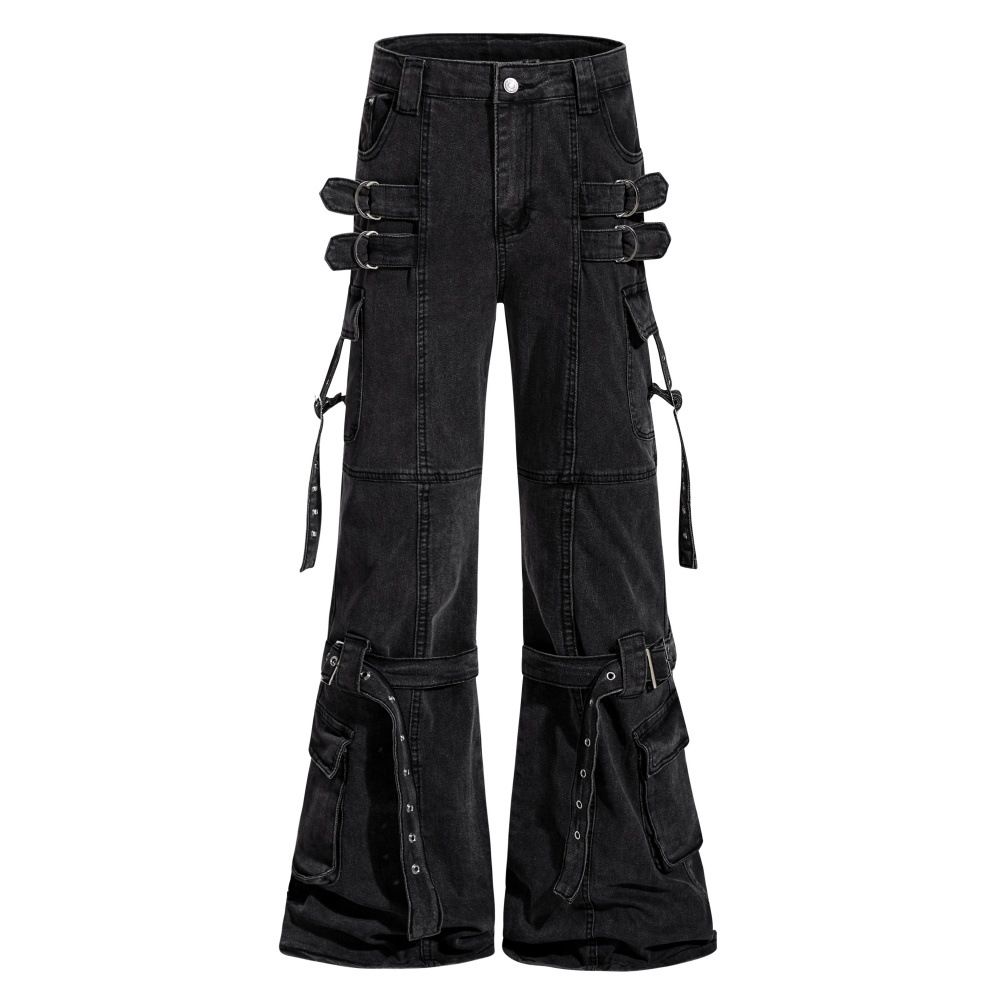 Vibe Style Niche Ribbon Denim Flared Men Heavy Washed Vintage Tie Design Workwear Long Pants Trendy_mkmklike.com