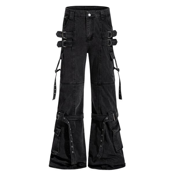 Vibe Style Niche Ribbon Denim Flared Men Heavy Washed Vintage Tie Design Workwear Long Pants Trendy_mkmklike.com