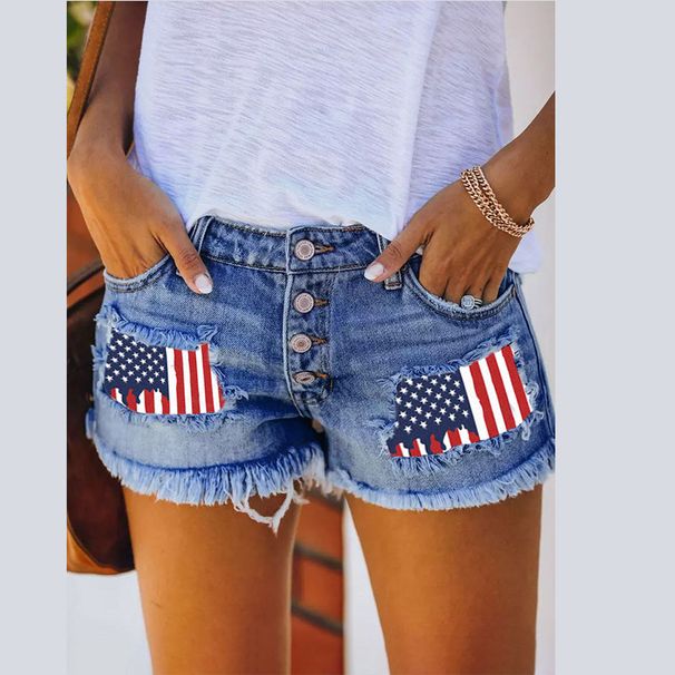 Distressed Denim Shorts Women's High Waisted Straight Leg Ripped Fringe Summer Casual Shorts With Flag Patch & Letter Print_mkmklike.com