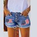 Distressed Denim Shorts Women's High Waisted Straight Leg Ripped Fringe Summer Casual Shorts With Flag Patch & Letter Print_mkmklike.com