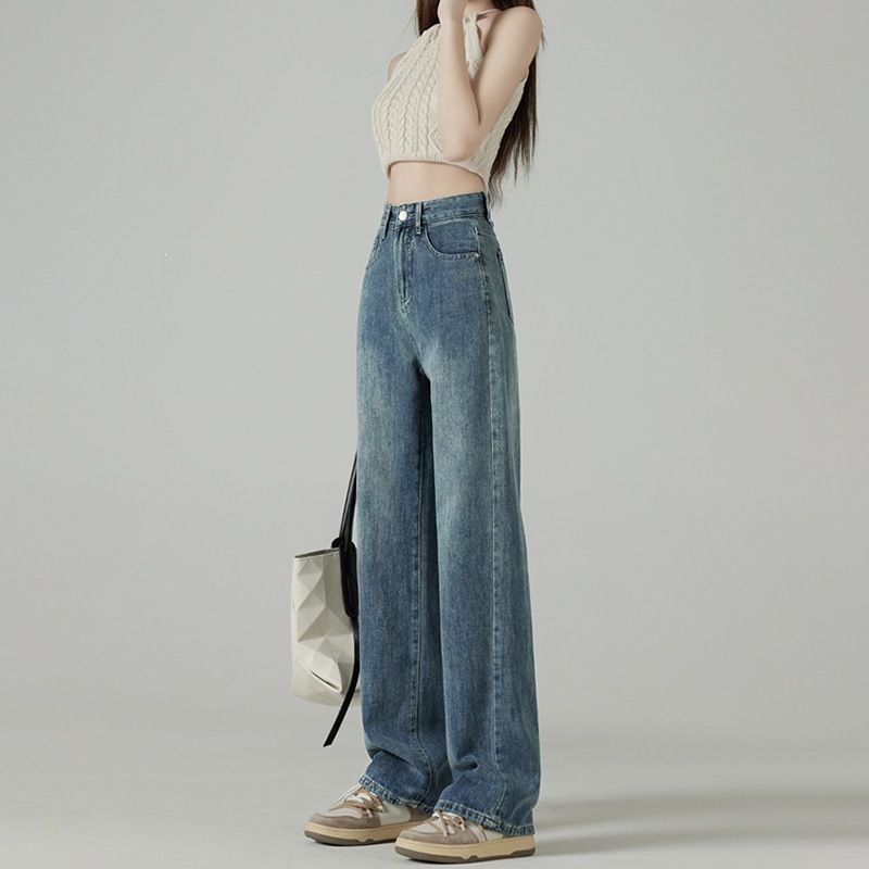 plus Size High-Waisted Floor-Length Jeans Retro Vibe Casual Slimming Straight Leg Loose Fit Long Pants for Women_mkmklike.com