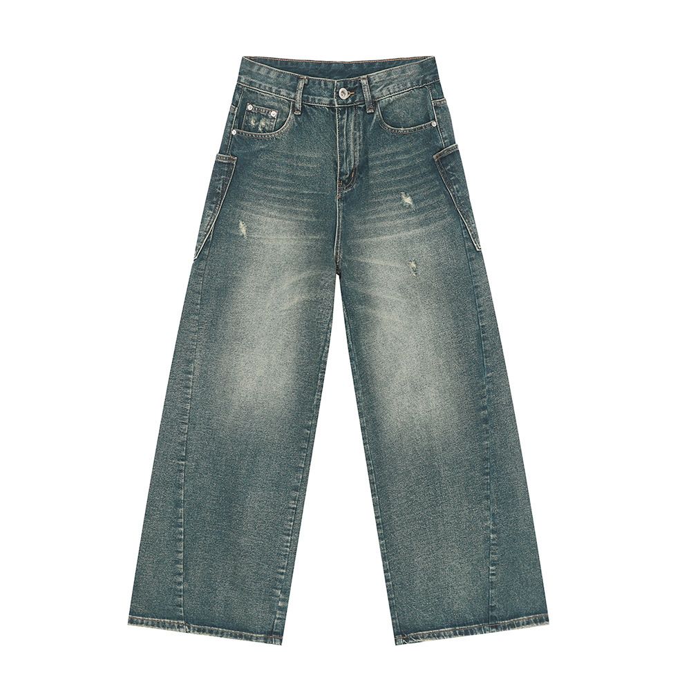 EF JEANS | 2024 New Product, American High Street Worn And Spliced Large Pocket Drape Trendy Wide-leg Jeans_mkmklike.com