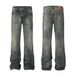 Men's Clothing Retro Yellow Mud Washed Old Slim Drape Unisex Jeans_mkmklike.com