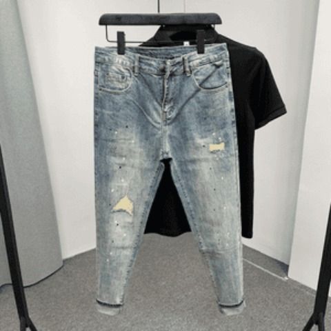 Men's Slim Fit Jeans With Printed Design, Tapered Leg, Nine-Length, Summer Casual Style, Comfortable Stretch Denim For Youth_mkmklike.com