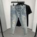 Men's Slim Fit Jeans With Printed Design, Tapered Leg, Nine-Length, Summer Casual Style, Comfortable Stretch Denim For Youth_mkmklike.com