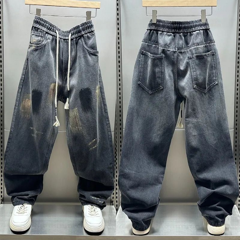 Men's Graffiti Paint-Splatter Denim Pants – Oversized Streetwear Jeans With Drawstring Waist & Relaxed Fit (Black, M-Xxxl)_mkmklike.com