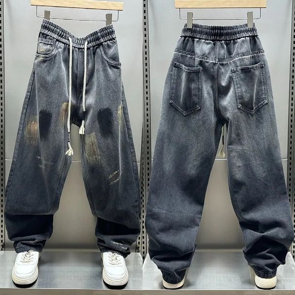 Men's Graffiti Paint-Splatter Denim Pants – Oversized Streetwear Jeans With Drawstring Waist & Relaxed Fit (Black, M-Xxxl)_mkmklike.com