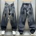 Men's Graffiti Paint-Splatter Denim Pants – Oversized Streetwear Jeans With Drawstring Waist & Relaxed Fit (Black, M-Xxxl)_mkmklike.com