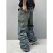 Men's Retro Washed Wide Leg Jeans American Street Style Trendy High End Distressed Loose Fit Cross Border Chain Link Trousers_mkmklike.com