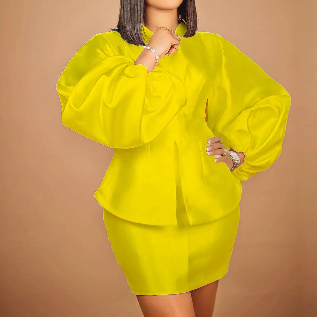 Women's Clothing Temperament Commuter Puff Sleeve Top Hip Skirt Suit_mkmklike.com