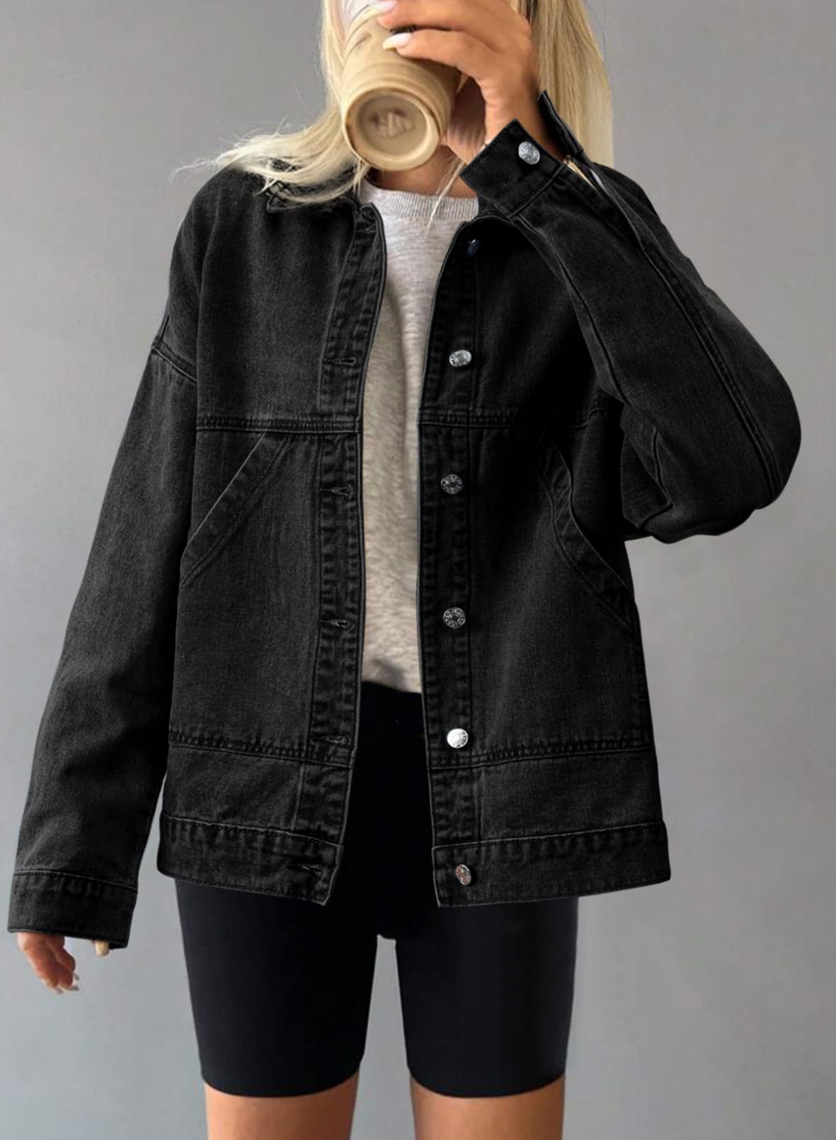 Oversized Denim Jacket For Women – Classic Loose Fit, Long Sleeve, Multiple Colors (Black, Navy, Light Blue, White) – Casual & Streetwear Essential_mkmklike.com