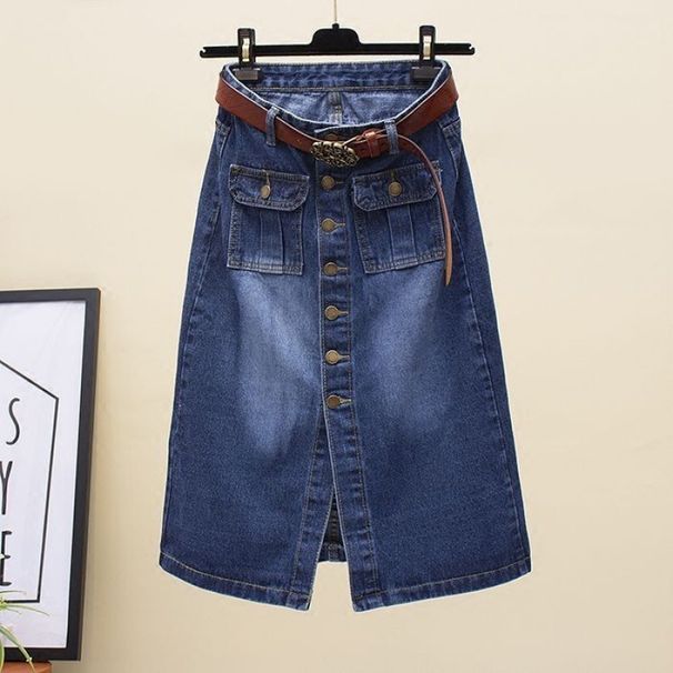 Women's Clothing Skirt High Waist Medium Length Denim Skirt Spring New Retro One Row Of Buttons Split A Line Skirt_mkmklike.com