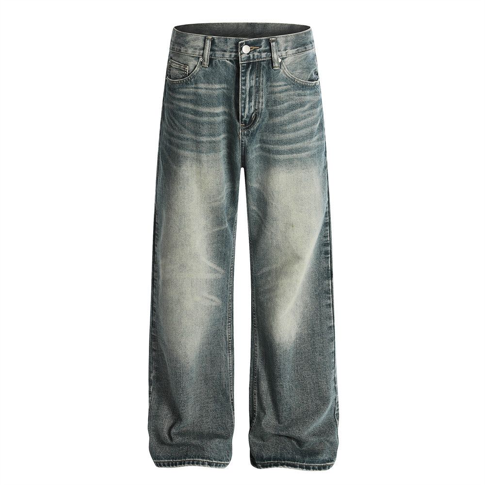 Color-Block Vintage Loose Jeans For Men American Punk Style Washed Versatile Casual Straight-Leg Pants Trendy_mkmklike.com