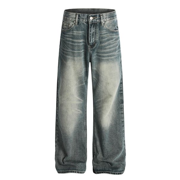 Color-Block Vintage Loose Jeans For Men American Punk Style Washed Versatile Casual Straight-Leg Pants Trendy_mkmklike.com
