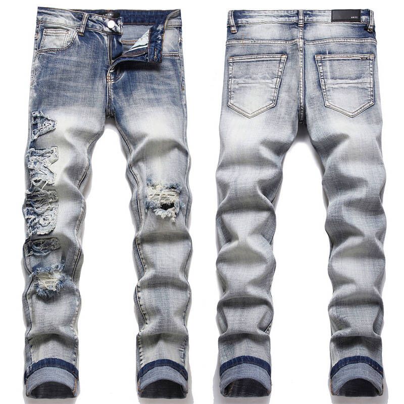 Tailored Four Seasons Patch Cotton Elastic Embroidered Leather Label With Perforated Print Fashion Men's Jeans_mkmklike.com