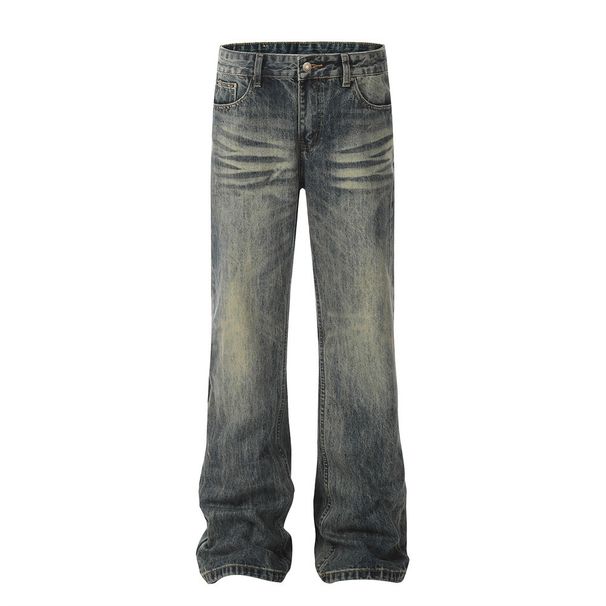 Men's Clothing Denim Loose Trousers For Men With Trendy Design, Back Pockets Decorated With Holes, Hand Worn Straight Leg Trousers_mkmklike.com